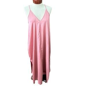 Van Winkle & Co Night Gown Long Medium Pink Satin Chemise Slit